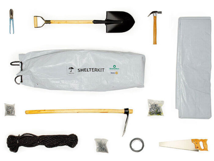 Flat lay of the tools and materials in an emergency shelter kit