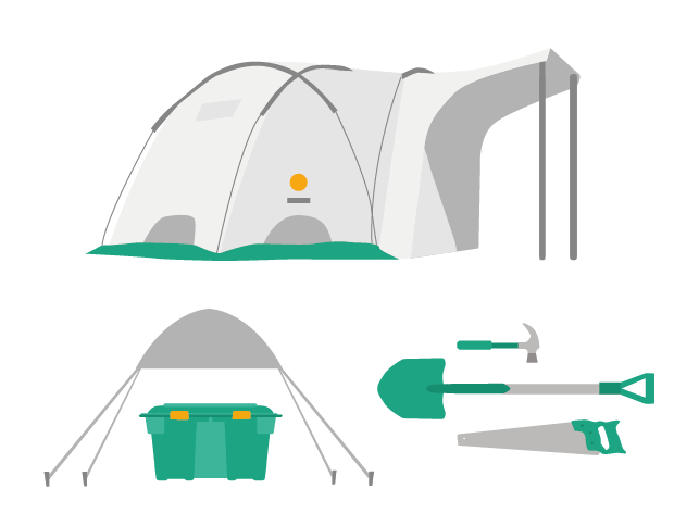 Illustration of a ShelterBox tent, ShelterBox and tools
