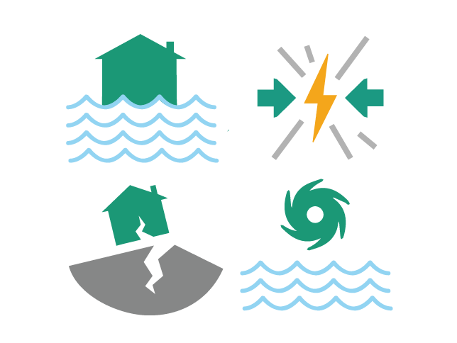 Illustration of floods, earthquakes, typhoons and storms
