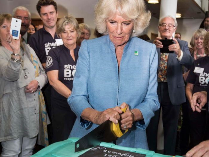 HRH The Duchess of Cornwall cutting a ShelterBox cake