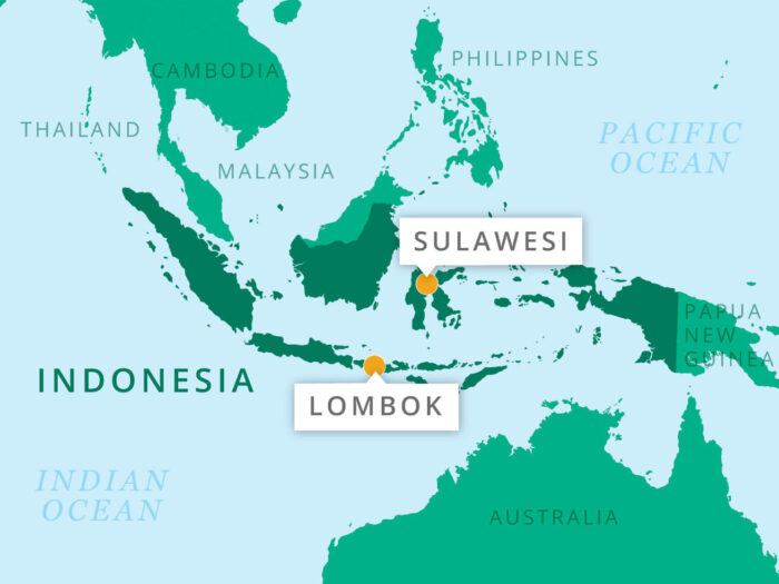 Indonesia map showing Sulawesi and Lombok
