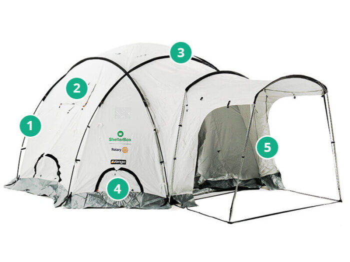 ShelterBox tent with numbers on it to highlight features