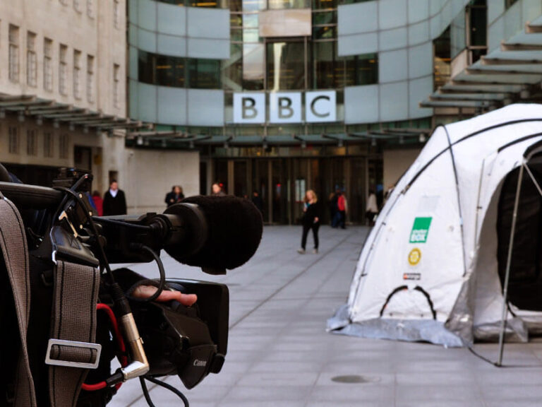 A ShelterBox tent in front of the BBC studios in London