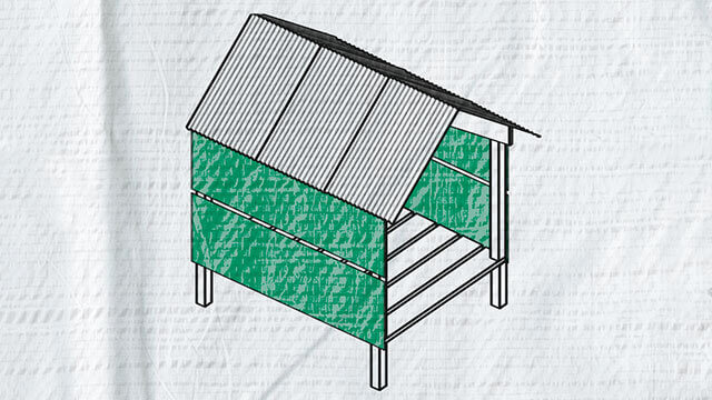 Illustration of a temporary shelter with tarpaulin walls