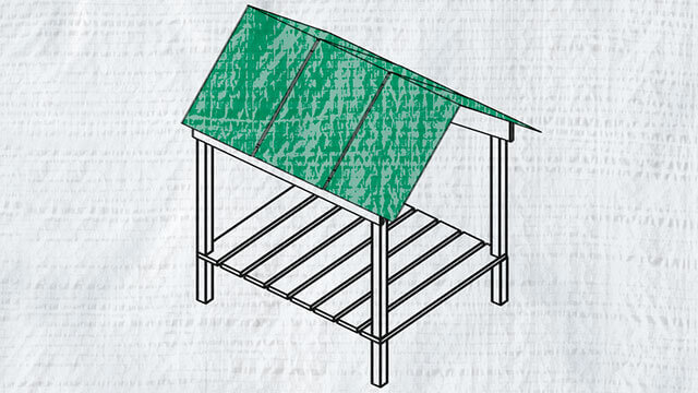Illustration of a temporary shelter with tarpaulin roof