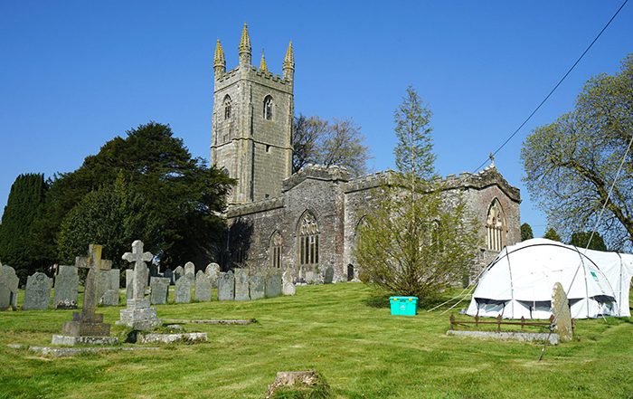 Church with a tent in the grounds