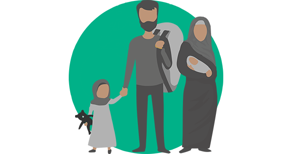 Illustration of a family of 4 in front of a green circle