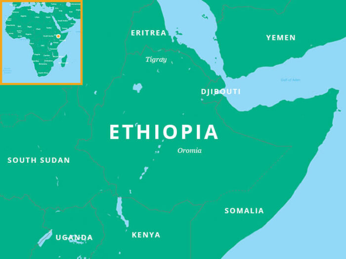 Ethiopia map highlighting Tigray and Oromia