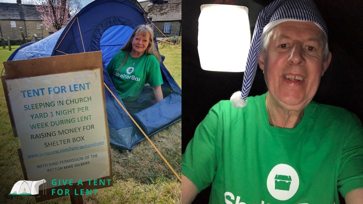 Composite image of 2 people camping in different tents wearing ShelterBox t-shirts
