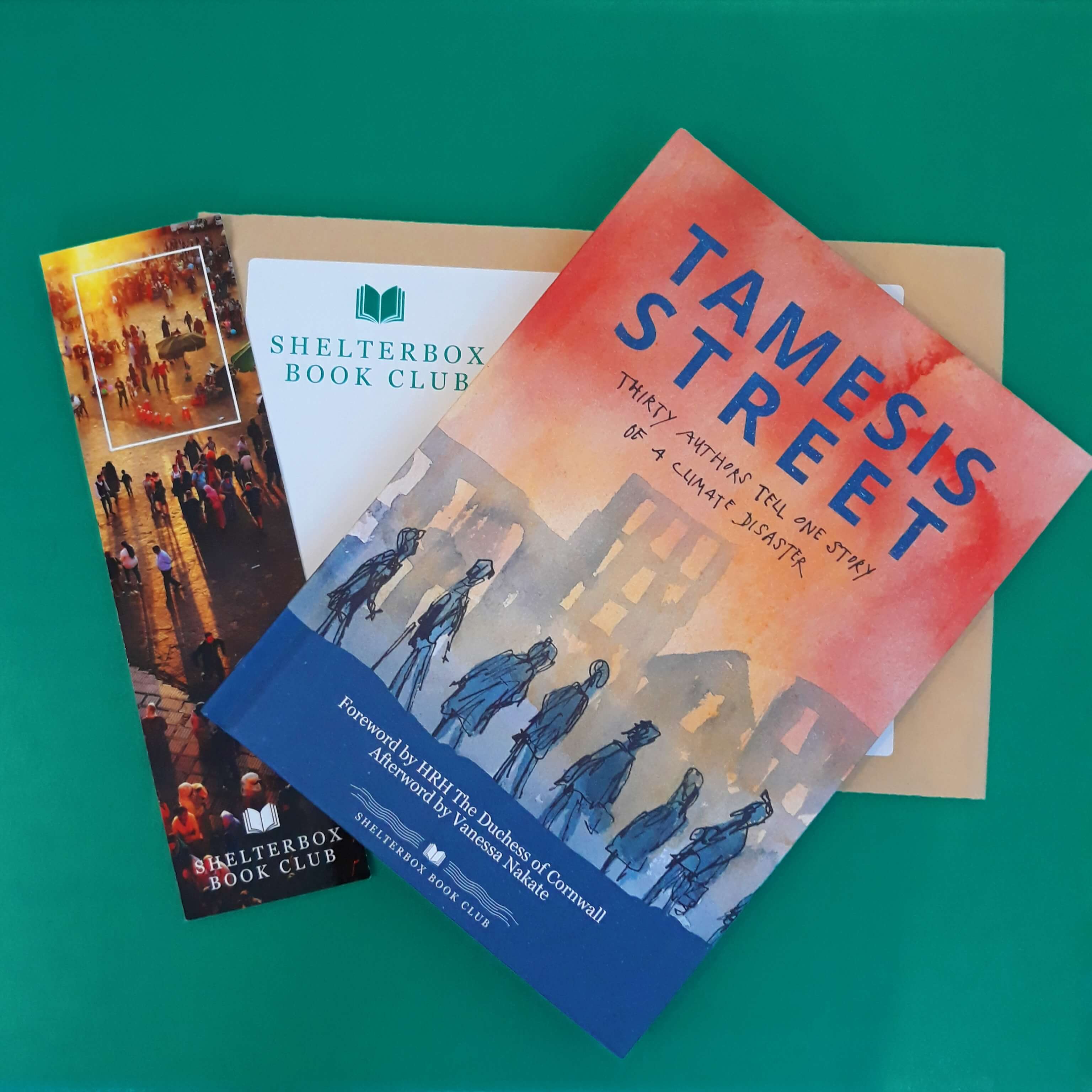 tamesis street book cover with ShelterBox book club envelope and bookmark