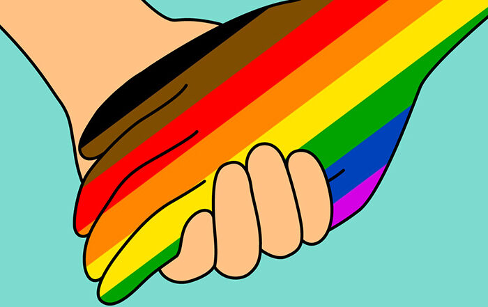 Drawing of a hand that is rainbow coloured to represent LGBTQIA+ individuals, holding a hand that is Caucasian
