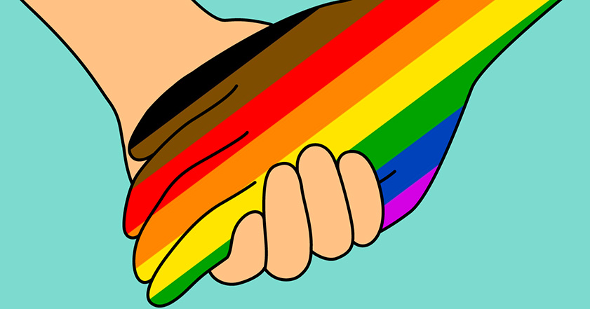 Drawing of a hand that is rainbow coloured to represent LGBTQIA+ individuals, holding a hand that is Caucasian