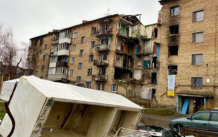 Buildings damaged by bombing in Ukraine