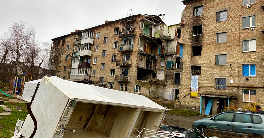 Buildings damaged by bombing in Ukraine