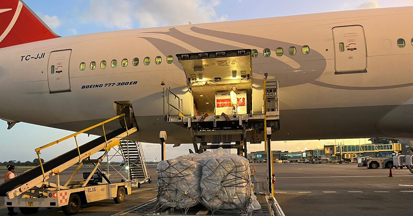 Aid pallets being loaded onto a plane