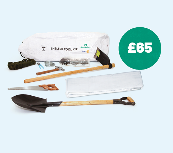 Shelter kit contains including bag, tools and tarpaulin with £65 price
