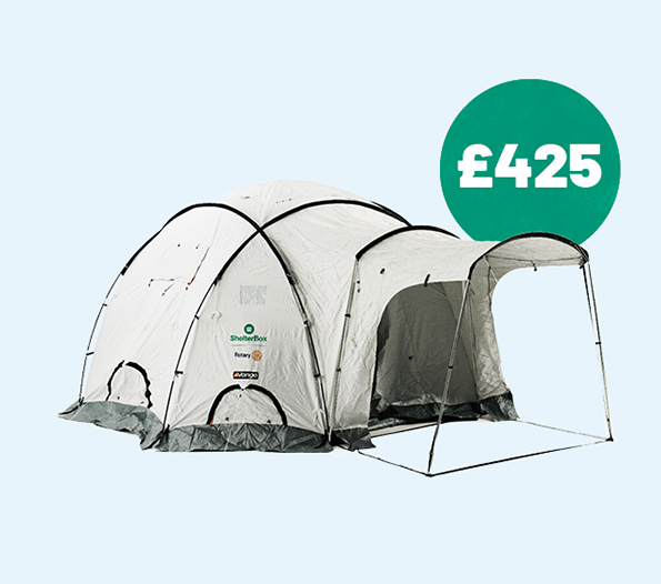 White ShelterBox dome tent with price of £425