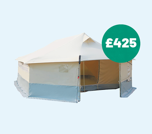 White and blue tent with £425 price