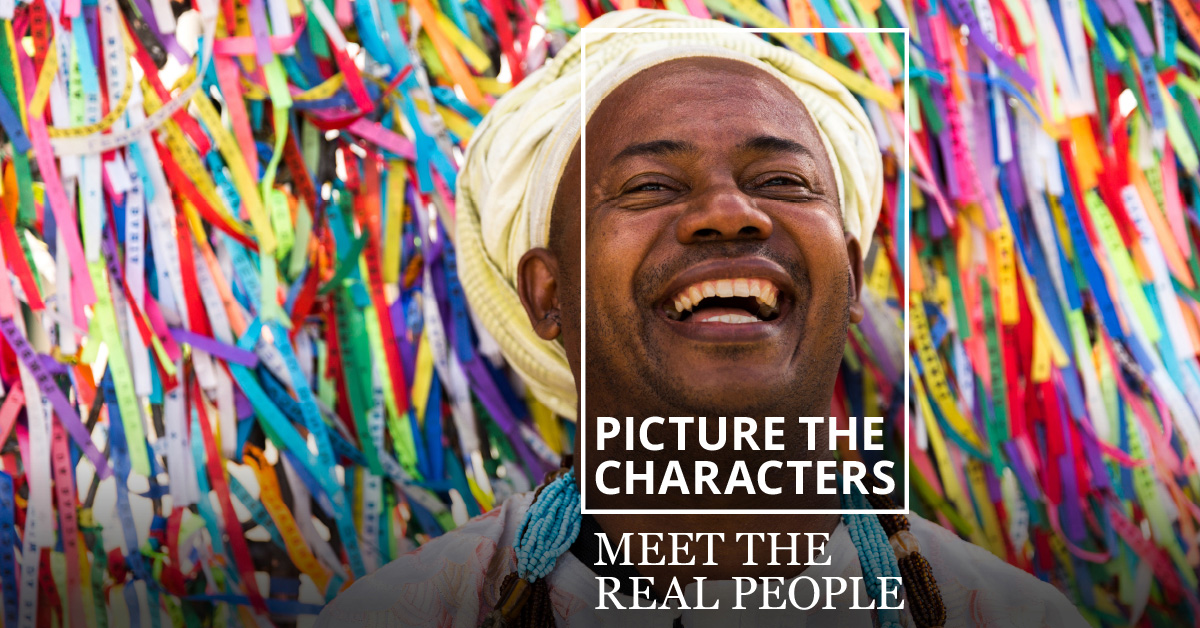 Man laughing with a colourful background and the text 'Picture the Characters, meet the real people'