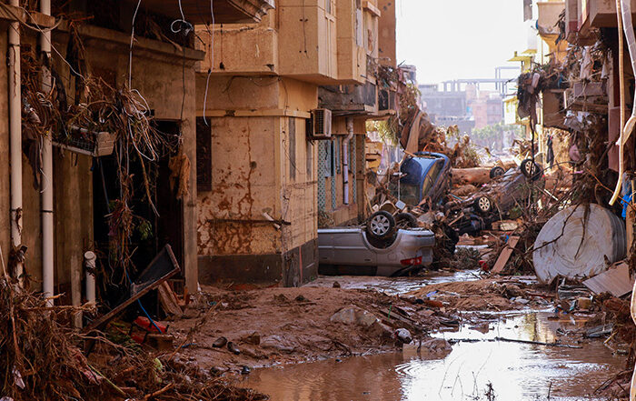 Debris and damaged buildings in the city of Derna after flooding in Libya