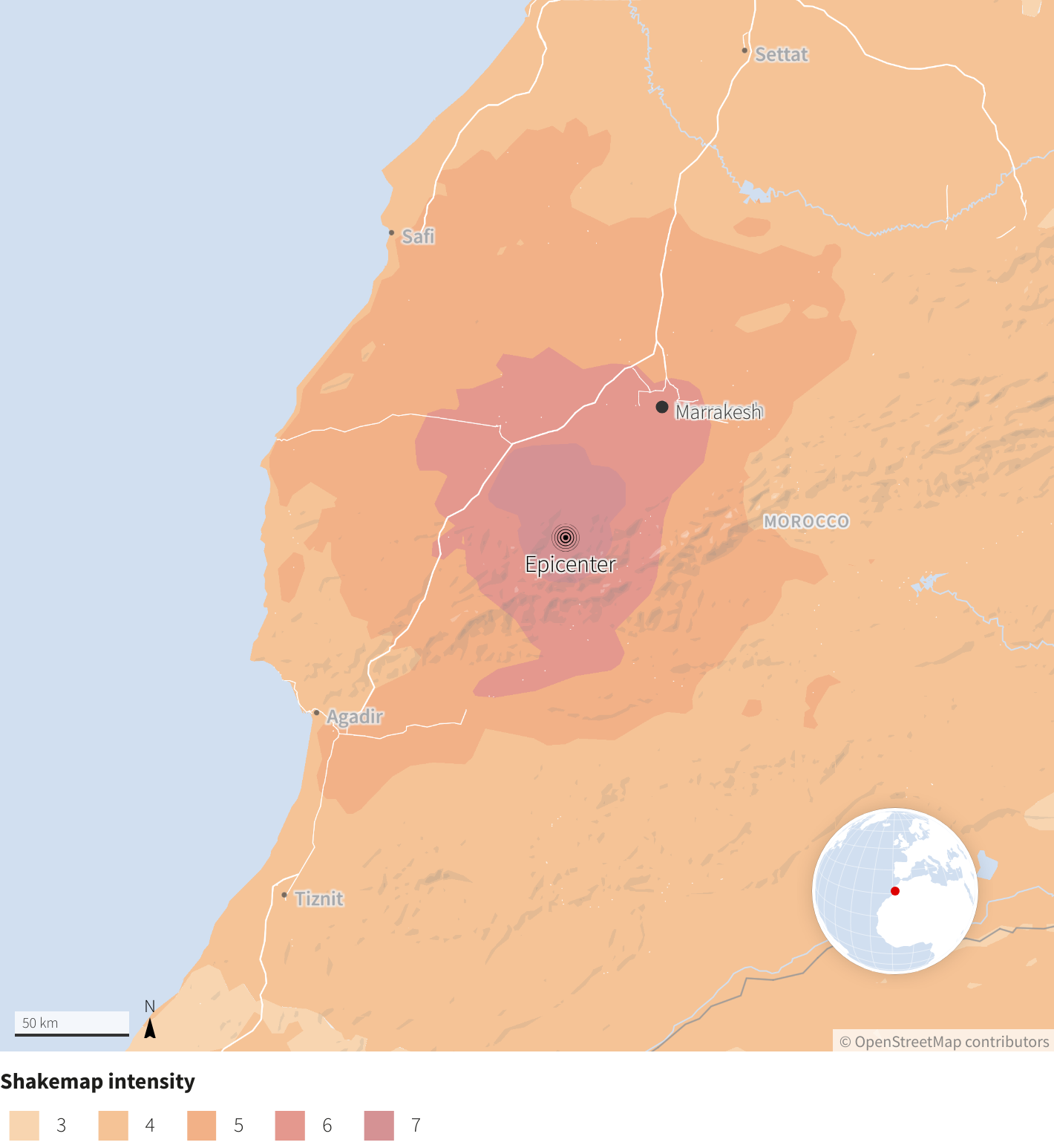 Map of Morocco (from Reuters) and the epicenter of where an earthquake has hit.
