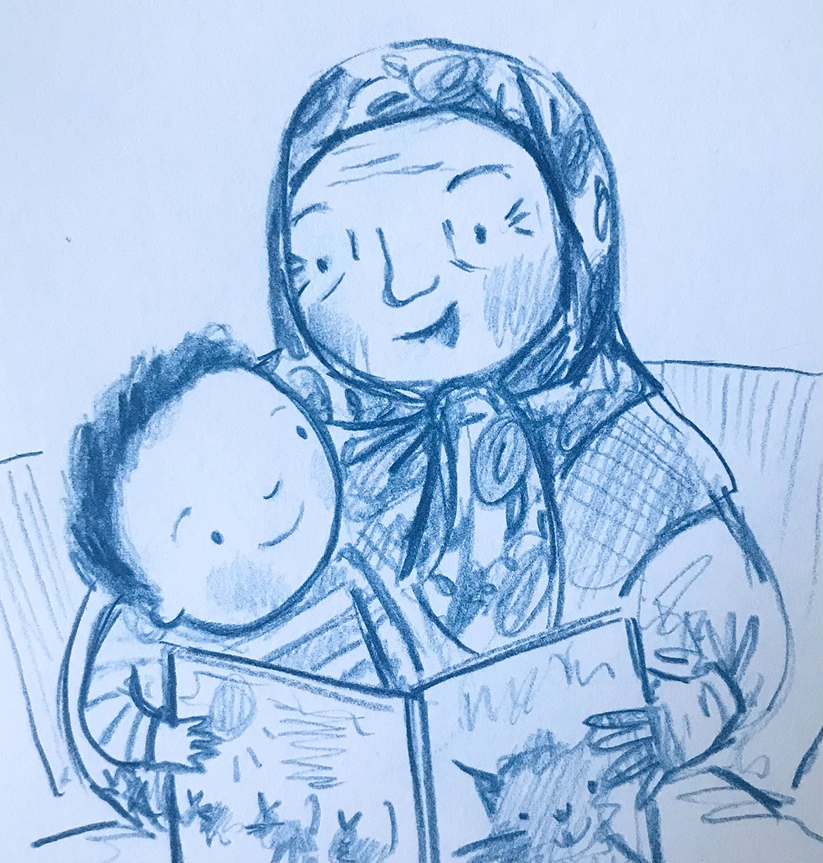 Illustration by Karen George of a grandmother and small child reading a book with a cat on it