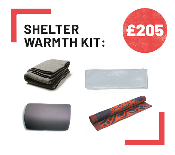 Shelter Warmth kit at £205 with images of blankets, a tarpaulin, a mattress and a rug