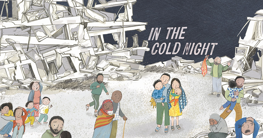 Illustration by Karen George of people in the street after an earthquake with damaged buildings behind, and text 'In the Cold Night'
