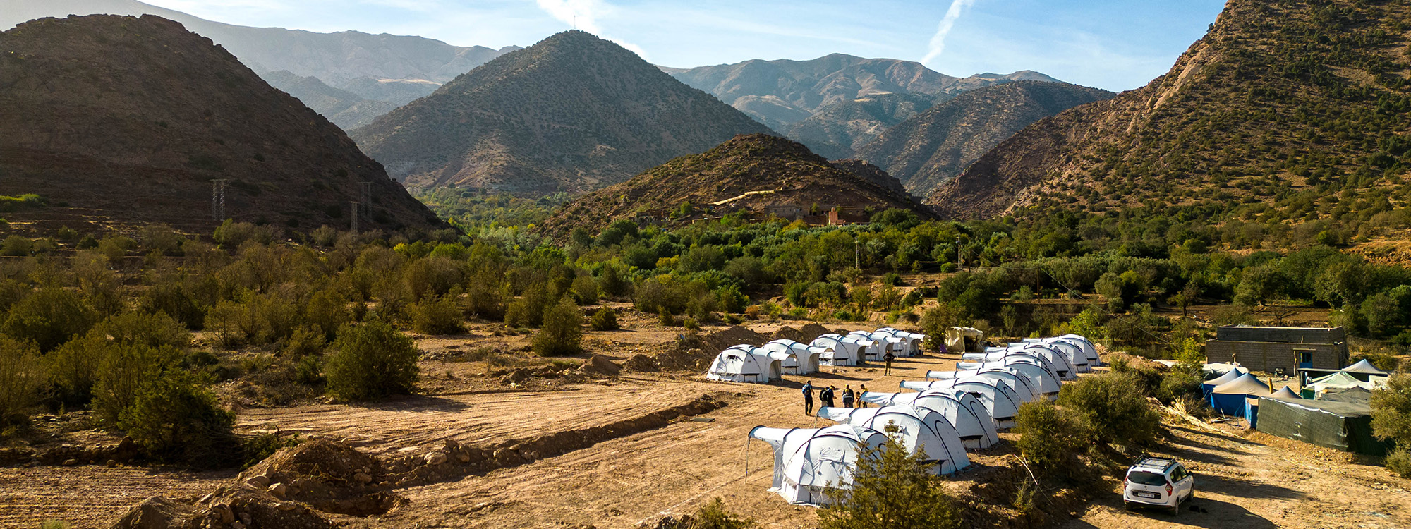 Aerial shot of landscape in Atlas Mountains in Morocco with ShelterBox tents
