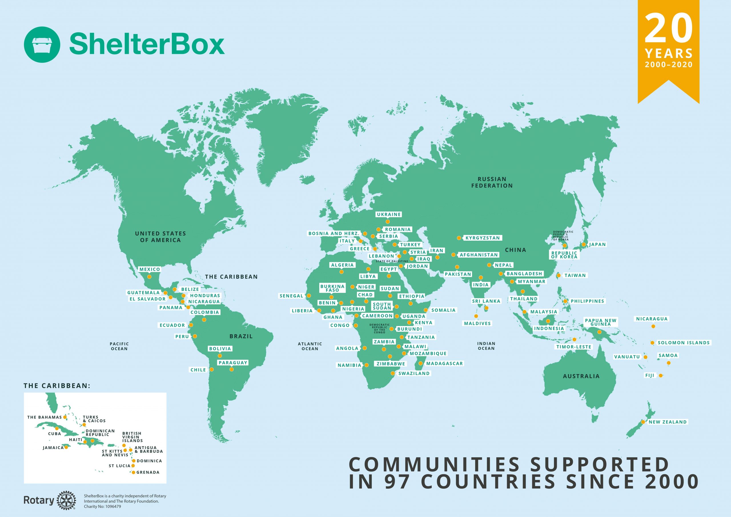 map of the world showing where ShelterBox has worked since 2000 up to 2020