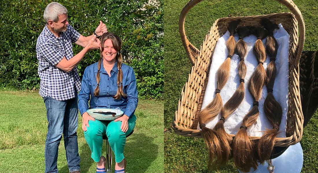 Woman having her hair cut for charity, and locks of the removed hair in a basket