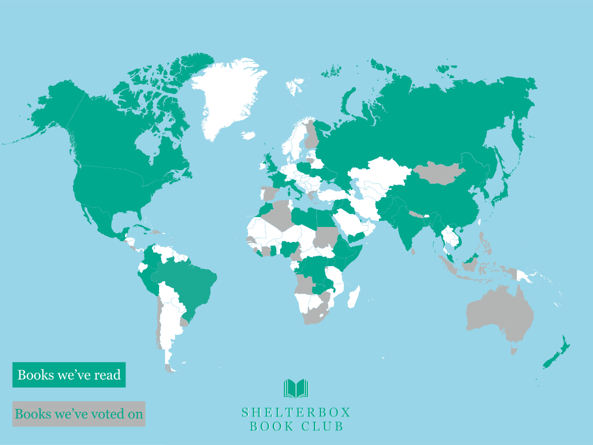 A map of the world with countries highlighted to show where ShelterBox Book Club books have come from