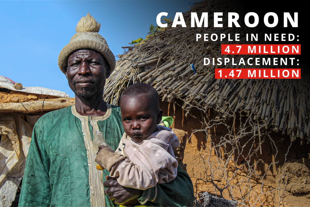 Man wearing green holding a baby outside a shelter. Text reads 'Cameroon. People in need: 4.7 million. Displacement: 1.47 million.'