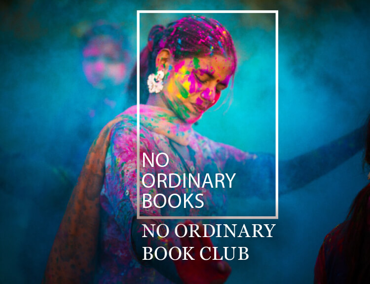 No ordinary books, no ordinary book club text on picture of woman with multicoloured paint on her face and clothing