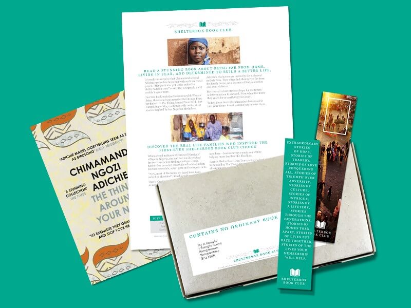 ShelterBox book club pack including book, letter, envelope and bookmarks