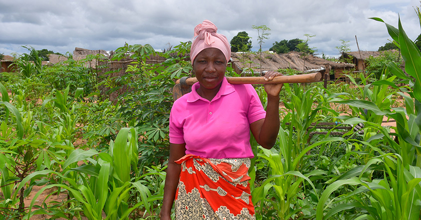 Woman holding a tool in a field in Mozambique