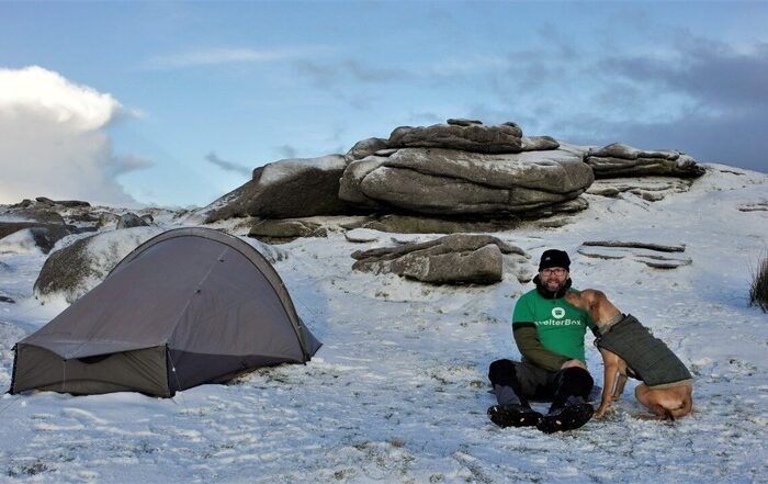 ShelterBox supporter John Cleverly and his dog Lula giving up their beds to camp on Dartmoor for Tent 4 Lent 2023.