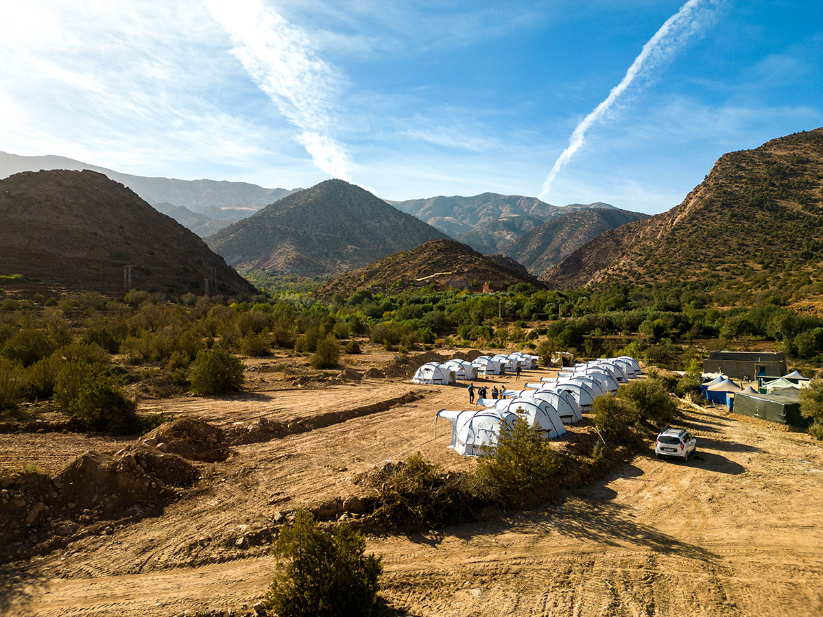 A line of ShelterBox tents in the Atlas Mountains of Morocco