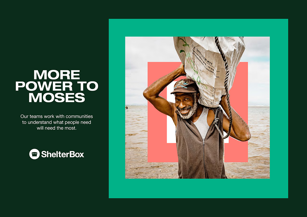 Man holding aid on his shoulder surrounded by green and red squares, with text on the left and the ShelterBox logo against a dark green background