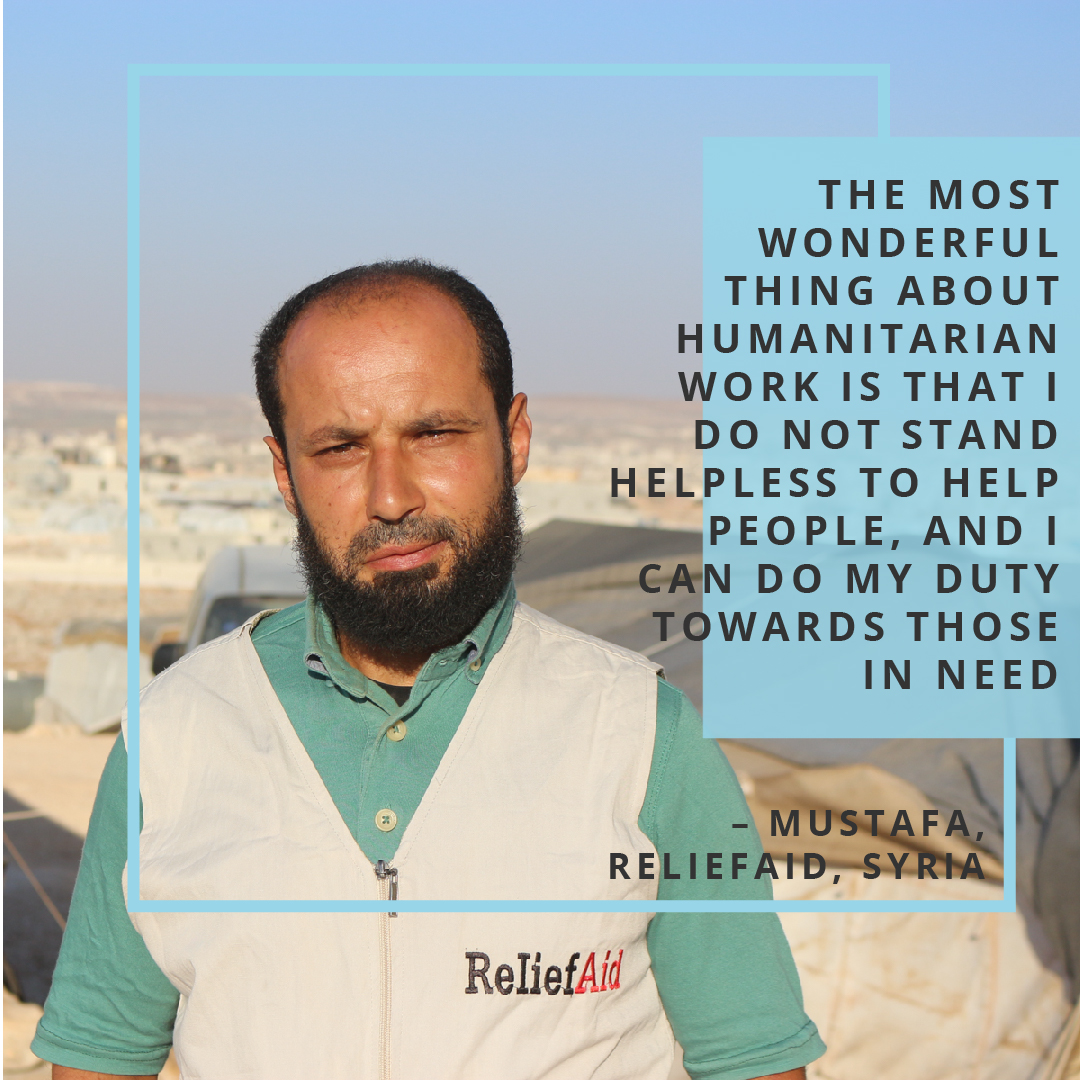 Portrait of Mustafa, wearing a ReliefAid vest, with added text '