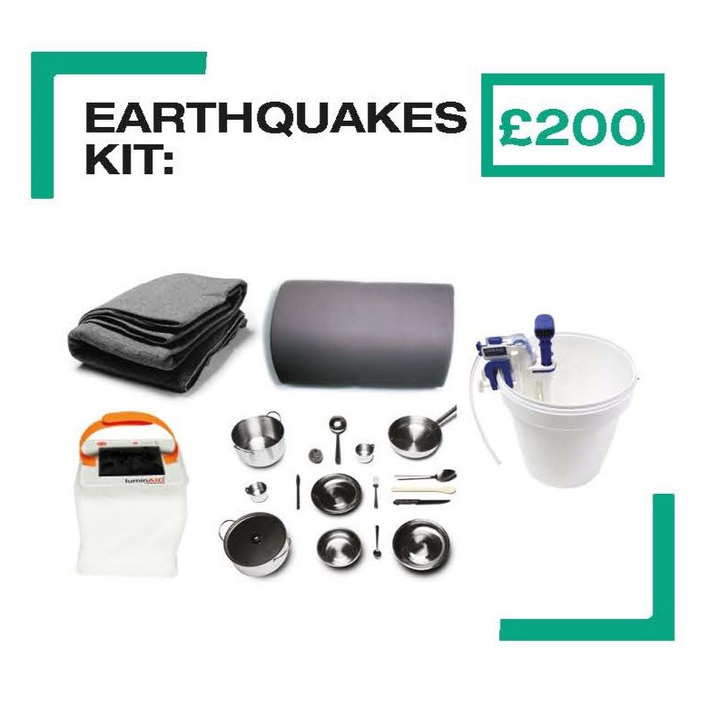 Images of items in an Earthquakes kit such as water filters and solar lights, with text that says 'Earthquakes kit: £200'