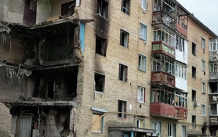 Building damaged by bombing in Ukraine