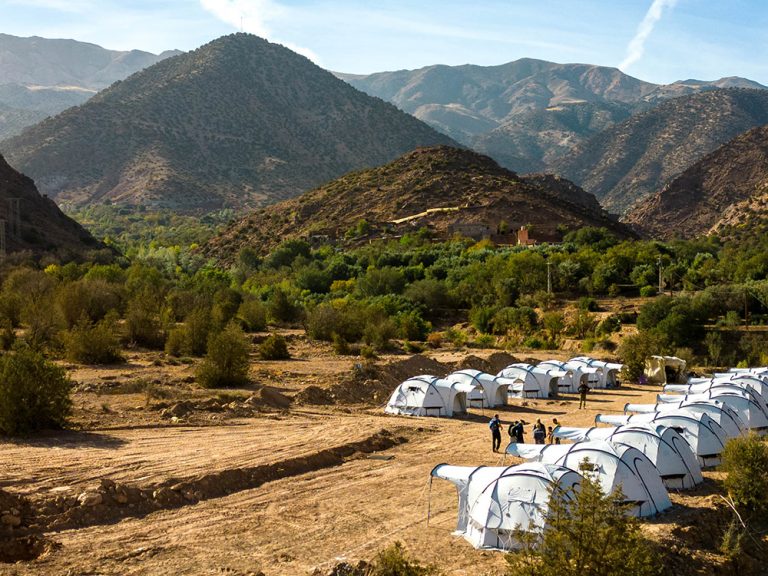 Aerial image of tents in the Atlas Mountains of Morocco