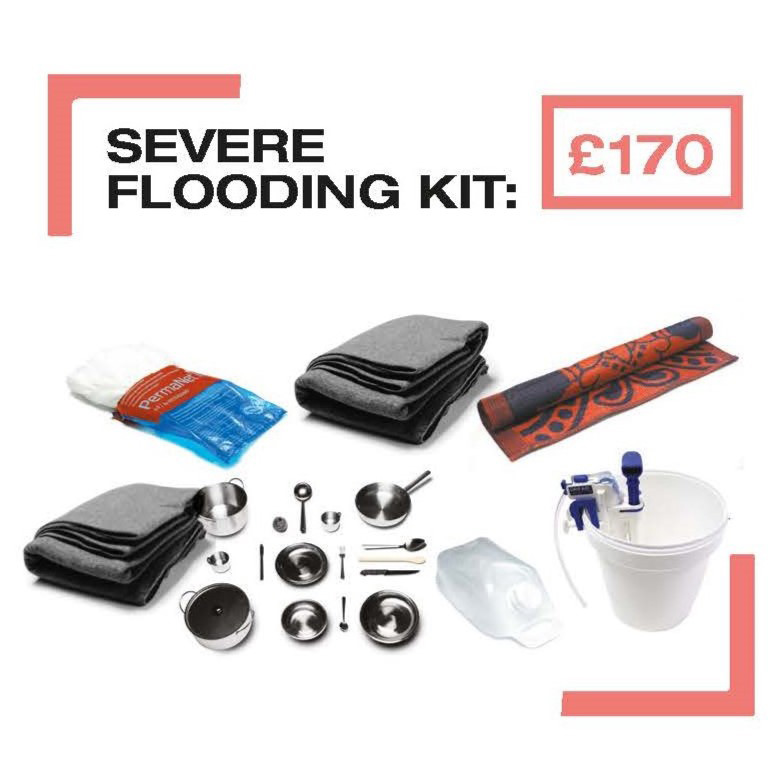 Images of items in a severe flooding kit such as blankets and water filters, with the text 'Severe flooding kit: £170'