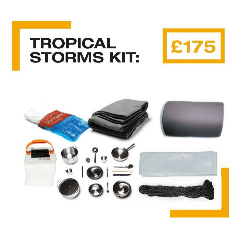 Images of items contained in a tropical storms kit such as blankets and kitchen sets, with text 'Tropical Storms Kit £175'