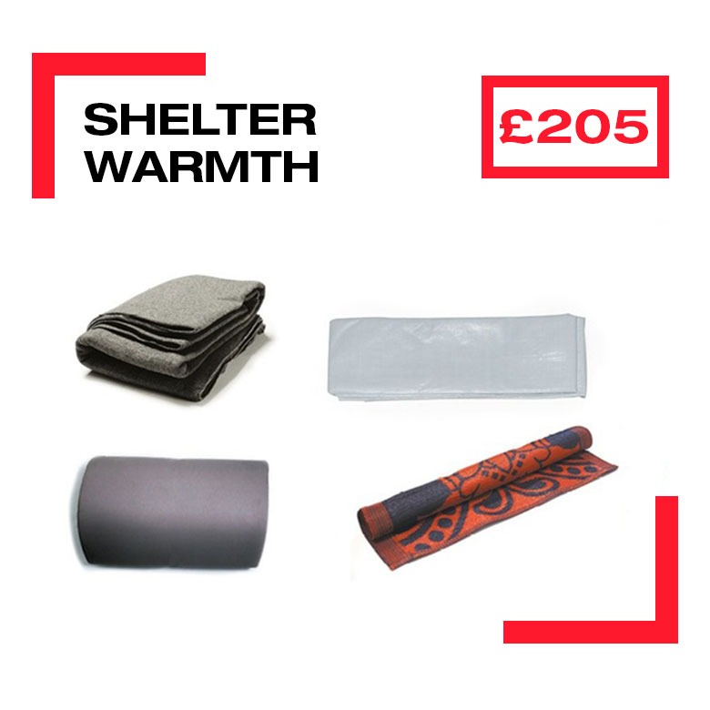 Images of items in an Tarpaulin warmth kit such as thermal blanket, tarpaulin with text that says 'Tarpaulin kit: £205'