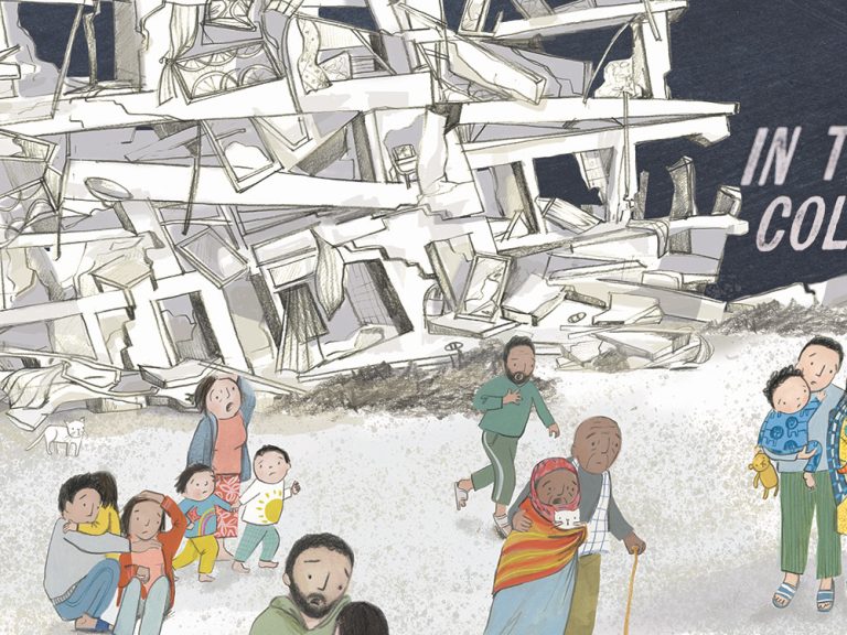 Cartoon drawing of people outside a building after an earthquake with the text 'In the Cold Night'