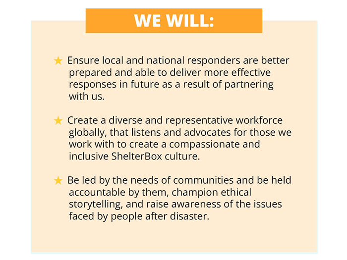 Bos with text describing some of ShelterBox's strategic aims