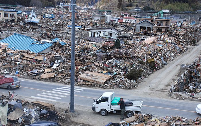 Destroyed buildings in Japan after the earthquake there in 2011