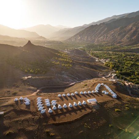 Aerial view of tents in Atlas Mountains of Morocco